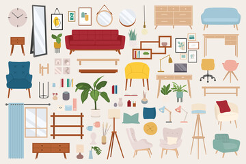 A flat vector scene of various furniture items and decorations set on a neutral background