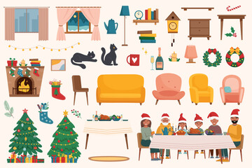 Christmas scene diverse family at dinner table trees gifts and cozy furniture fill the room