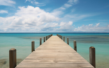 A wooden pier stretches out into the turquoise sea