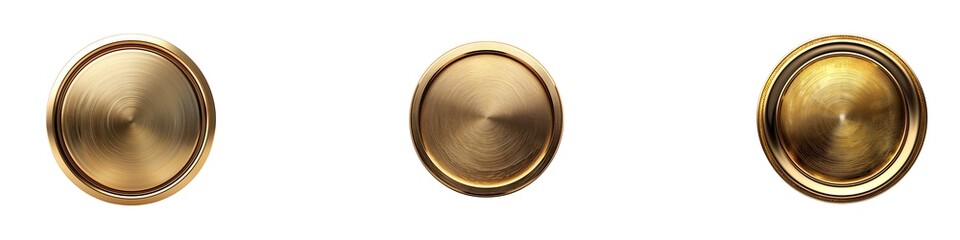 Set of golden metal buttons isolated on transparent background