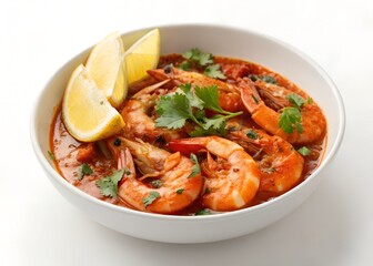 Peri-peri prawns cooked in a spicy sauce and served with fresh garnish, presented on a white background for an elegant dining experience