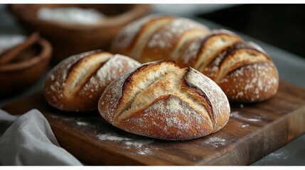 Artisan bread loaves on wooden board in warm kitchen light with copy space