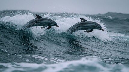 Fototapeta premium Dolphins leaping ocean waves