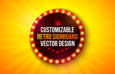 Retro Signboard Lightbox Banner Design with Glowing Light Bulb Frame Billboard on Shiny Yellow Background. Vector Customizable Marquee Sign Illustration for Casino Advertising, Theater Show, Broadway