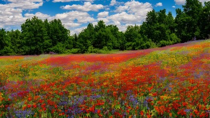 A beautiful summer meadow with red poppies and diverse wildflowers under a blue sky, capturing the essence of a vibrant rural landscape