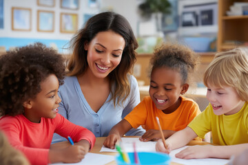 A smiling teacher sits at the front of a classroom surrounded by diverse happy students. Black children studying in school.