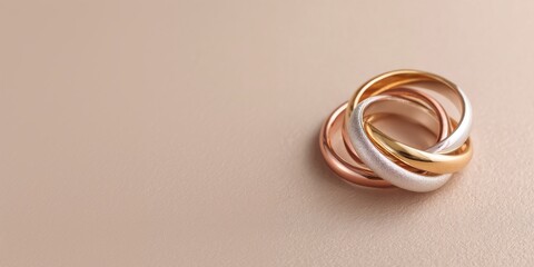 Gold, rosa gold and white gold rings together isolated on light beige background.