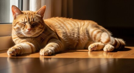 Ginger cat relaxing in sunbeam on wooden floor perfect for pet and animal themed projects