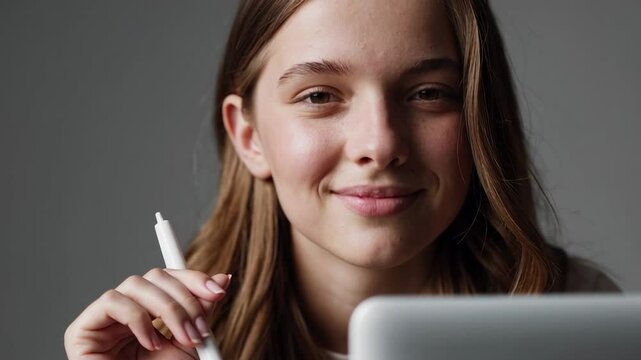 Young female student participating in online class, confidently using digital pen while smiling and engaging with laptop screen during virtual learning session on neutral gray background
