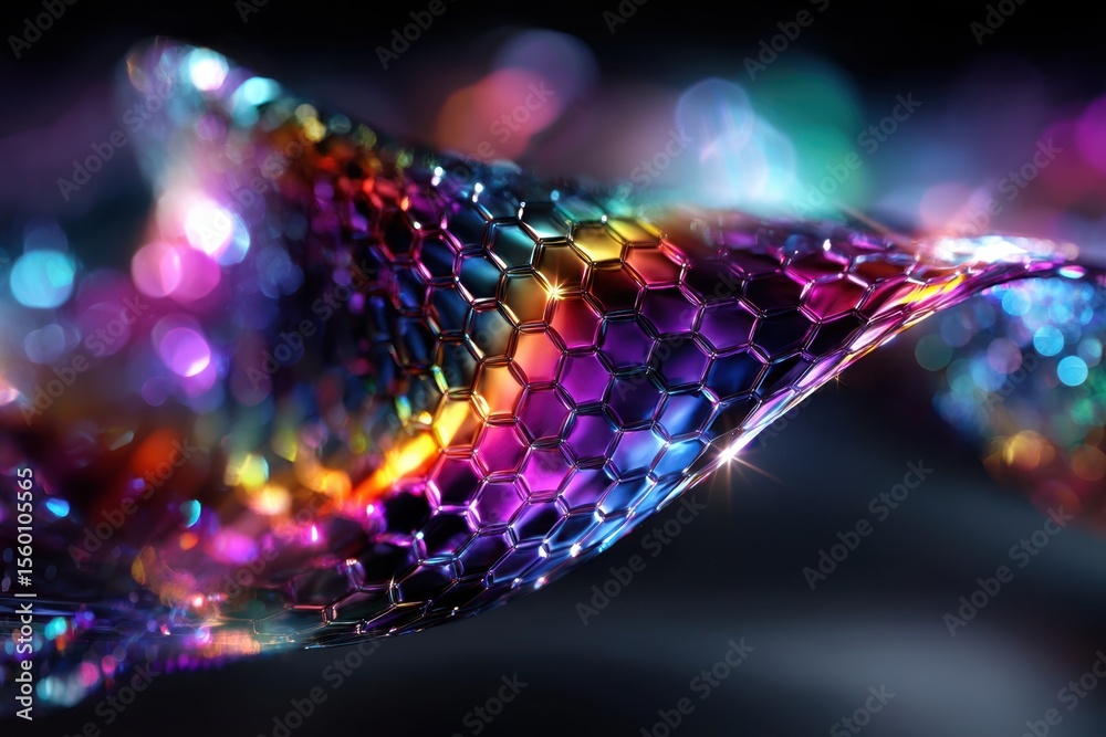 Poster colorful abstract design with hexagonal patterns and shimmering effects in dark background