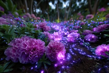 Obraz premium Enchanted garden with glowing flowers and twinkling lights at twilight