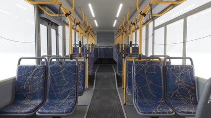 Modern city bus interior revealing spacious design with yellow handrails and blue passenger seats, showcasing clean urban transportation perspectives from multiple angles © flashmovie