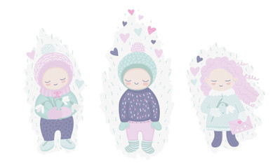 A set of characters in love, girl, boy with flowers and hearts in a soft color palette. Springtime illustrations for Valentine's Day.
