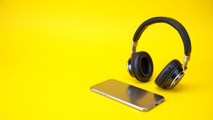 Headphones and a blank screen smart phone  placed on a bright yellow background, showcasing a modern tech setup.