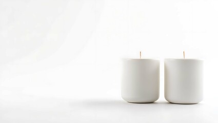 Two clean white pillar candles with unlit wicks sit side by side on a bright white surface with ample copy space