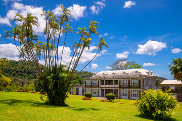 Big historic manor house in Saint Pierre on Martinique island (France) with opulent old garden and tropical vegetation. Public museum and caribbean rum distillery. Tourist attraction and sight.