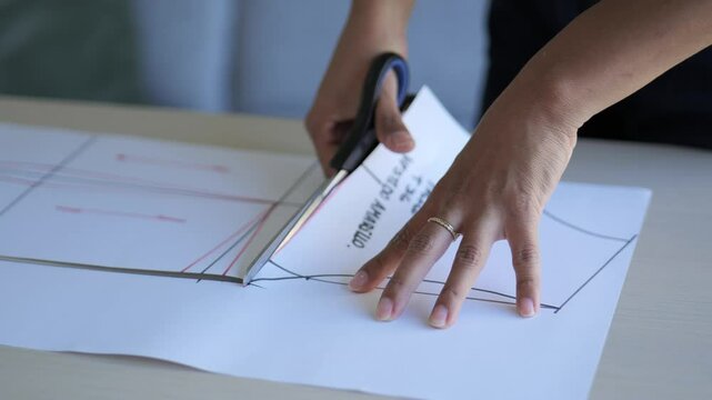 Cutting fabric patterns for sewing projects in a bright workshop environment