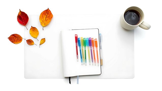 Cozy autumn morning flat lay with colorful pens notebook and coffee cup on white background