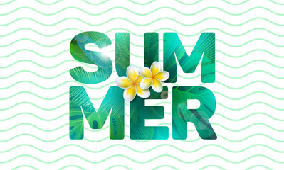 Summer Holiday Banner Design with Flower and Tropical Palm Leaves in Text Label on Abstract Vintage Wavy Background. Vector Exotic Vacation Illustration for Party Flyer, Invitation, Travel Brochure