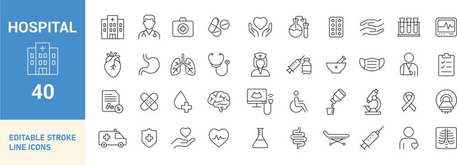 Hospital Line Editable Icons Set. Medical, Healthcare, Doctor, Medicine, Diagnostics, Syringe, Emergency, Mask, Ambulance, Protection, and More. Vector Illustration.