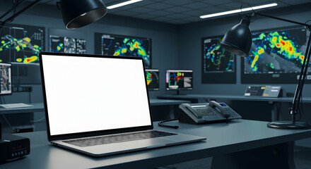 Blank laptop screen in a modern weather forecasting office  Meteorologist workstation mockup technology innovation