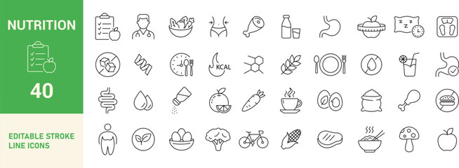 Nutrition Line Editable Icons Set. Diet, Vitamins, Wellness, Healthy Food, Calories, Digestion, Weight Loss, Hydration, and More. Vector Illustration.
