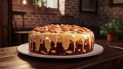 A realistic shot of a virtual honey almond cake with a smooth glaze and toasted almonds on top.