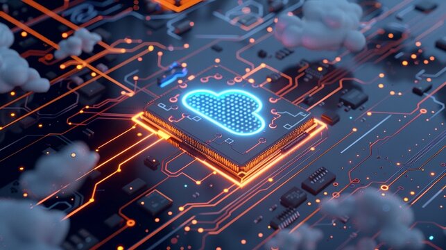 Data storage Technology Concept with cloud upload symbol on a Microchip. Data flows from the CPU across a Futuristic Motherboard. 3D render.