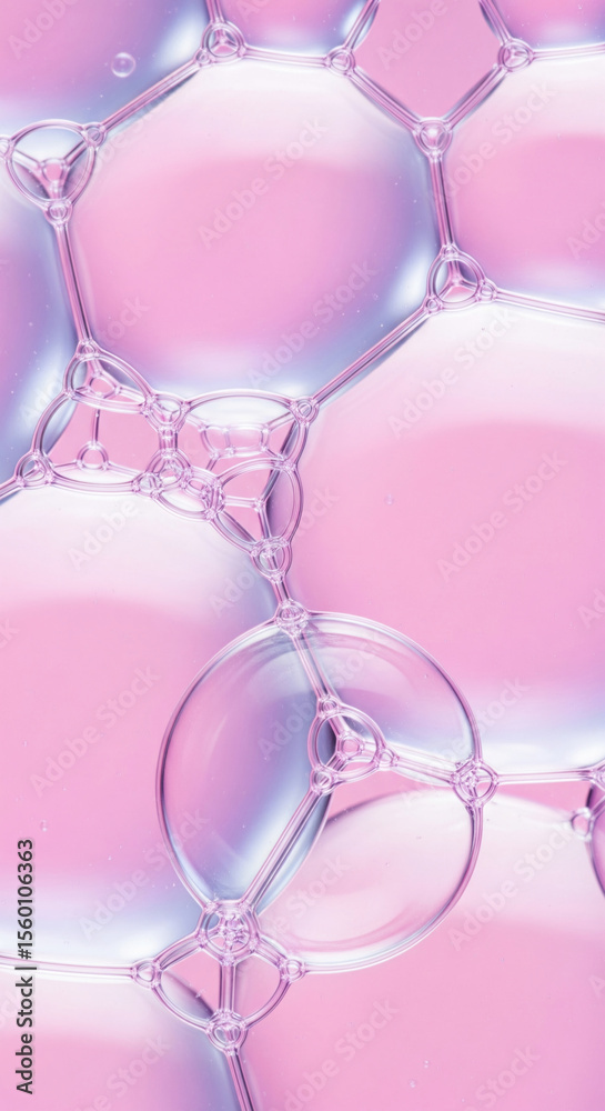 Poster close-up of translucent bubbles on pink background, forming geometric shapes. abstract texture, show