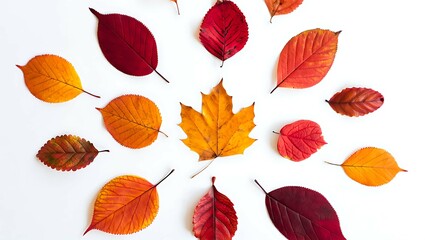 Obraz premium Collection of vibrant autumn leaves in shades of red orange and yellow arranged in a circular pattern on a white background
