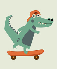 Flat Design Illustration with Crocodile on a Skateboard
