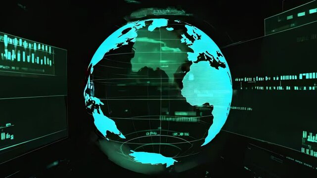 Initializing holographic globe rotating and revealing data panels and rings on dark interface