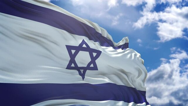 israel flag on blue sky. israel flag background. israel flag close up. israel flag flying in the sky loop - Powered by Adobe
