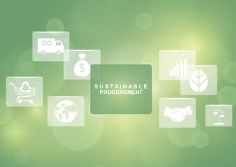 Sustainable procurement concept with floating icon cards on green background. ESG business strategy. Business presentations and marketing. Eco-friendly business practices. Vector illustration