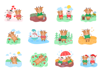 Png cute cow and milk cartoon style farm animal set with rural background grass flower bull and funny domestic life illustration for agriculture mascot vector clip art

