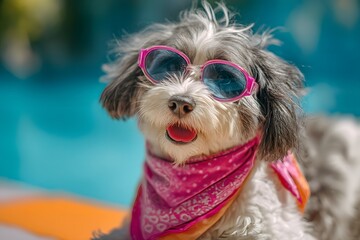 Fluffy dog with sunglasses by pool