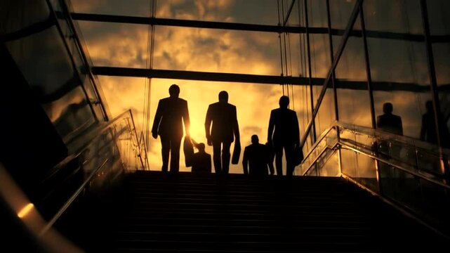 Businesspeople walking up stairs at sunset