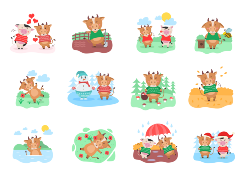 Png cute cow and milk cartoon style farm animal set with rural background grass flower bull and funny domestic life illustration for agriculture mascot vector clip art

