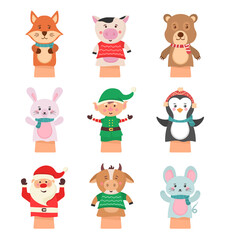 Png hand puppet collection featuring animal sock dolls and theatrical characters for kids show vector illustration crafted for childhood entertainment tale and homemade fun

