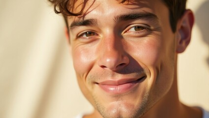 Primer plano de un joven sonriente con una piel radiante y saludable. Rutina de cuidado de la piel, belleza natural, bienestar, cuidado personal moderno