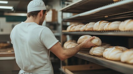 Baker arranging fresh loaves of bread on shelves in a bakery kitchen during the morning hours