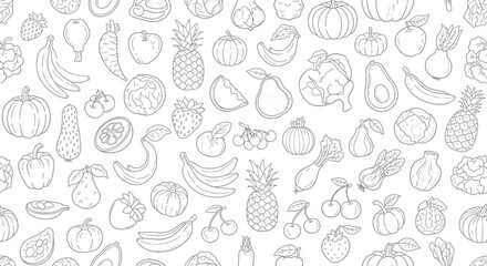 Playful Produce: Seamless Black and White Fruit and Vegetable Pattern