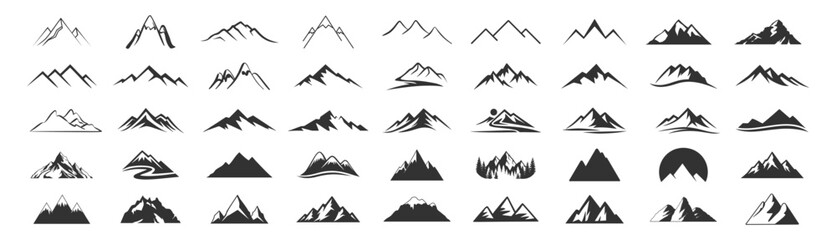 Peak logo mountain icon, mountain silhouette vector set for logo, hike travel illustration collection, rocky hills terrain, mountains silhouette for landscape design on transparent background.