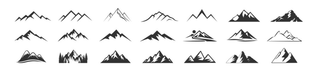 Peak logo mountain icon, mountain silhouette vector set for logo, hike travel illustration collection, rocky hills terrain, mountains silhouette for landscape design on transparent background.