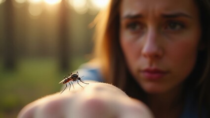Mosquito posándose en el brazo de una mujer