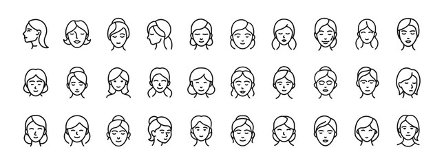 Female Avatar Icon Set — Solid Icons of Woman Face, Girl Portrait, Female Profile and User Avatars