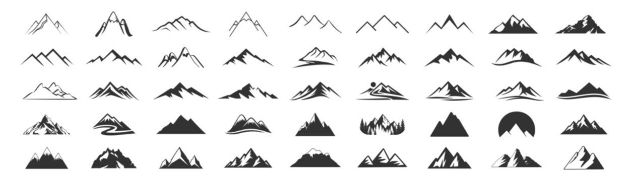 Peak logo mountain icon, mountain silhouette vector set for logo, hike travel illustration collection, rocky hills terrain, mountains silhouette for landscape design on transparent background.