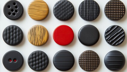 A grid of various round buttons.  Different patterns, colors and textures