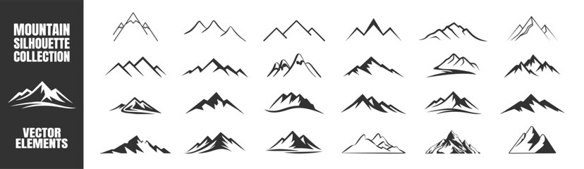 Mountain silhouette collection, vector mountain icon set, black peaks logo template, minimalist landscape symbols, hiking and travel design elements, isolated graphic art on transparent background.