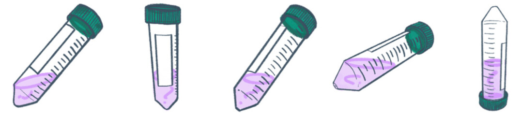 Hand-Drawn Centrifuge Tube Illustration Set — Purple gradient liquid lab tubes with green caps and label space, perfect for science, biology, chemistry, medical research presentations, laboratory 